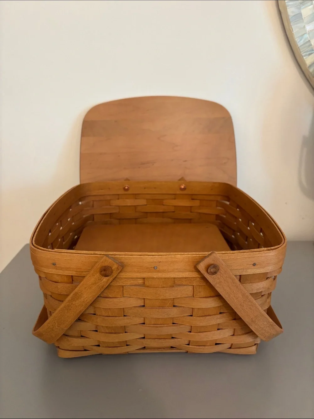 Longaberger Cake Basket with Handles, Lid, Stand & Fabric Liner - Unused